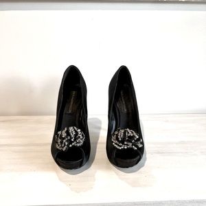 STEVE MADDEN LUXE Crown Black Satin Peep-Toe Heels